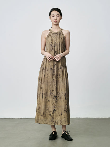 [Vestido con sombra de hojas] Vestido largo con cuello de flores de color verde amarillo chino nuevo de CAREMIND Vestido con tirantes sin mangas 