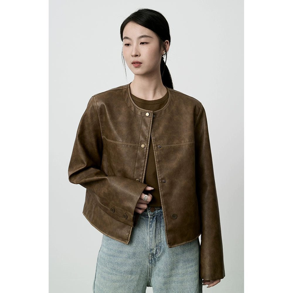 CAREMIND Chaqueta corta de cuero con cuello redondo Chaqueta corta premium Maillard Retro Wear para mujer 