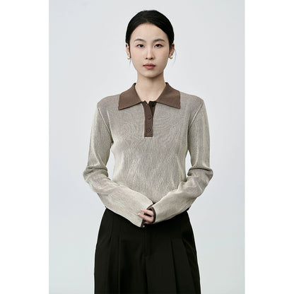 Suéter de punto tipo polo pequeño francés de alta costura CAREMIND con solapa en el hombro delantero en contraste 