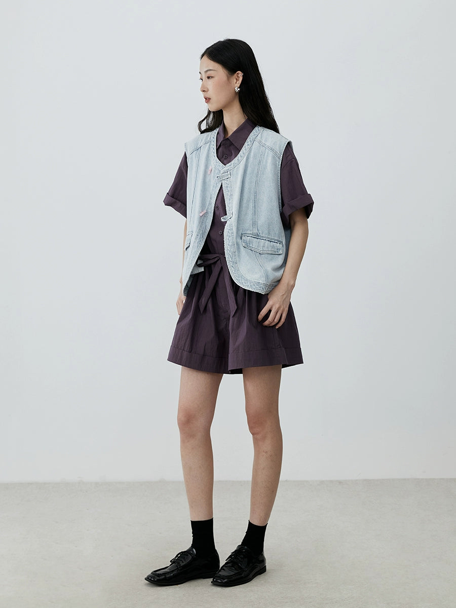 [Travel jumpsuit] CAREMIND grape purple jumpsuit summer and Korean version polo lapel top waist shorts