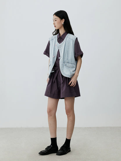 [Travel jumpsuit] CAREMIND grape purple jumpsuit summer and Korean version polo lapel top waist shorts