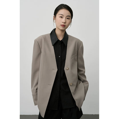 Traje de café gris temperamento CAREMIND, blazer minimalista sin cuello, pantalones rectos colgantes 