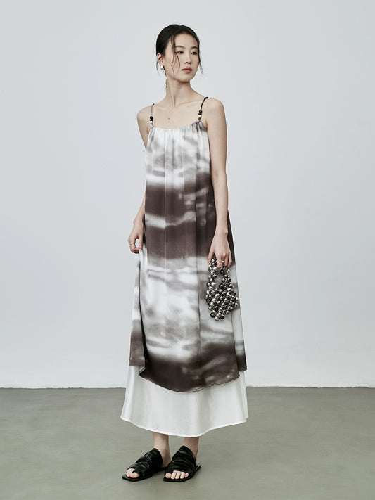 CAREMIND estilo nacional temperamento pintura de tinta vestido de tirantes vestido de otoño nuevo manchado con cuentas sin mangas falda larga 