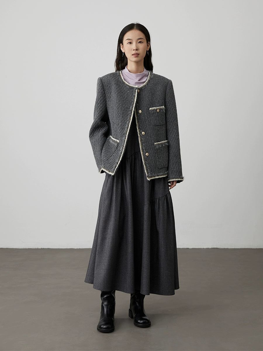 [Singing in the Rain] CAREMIND Grey V-Neck Suspender Dress Twill Irregular Sleeveless Stacked Medium and Long Dress