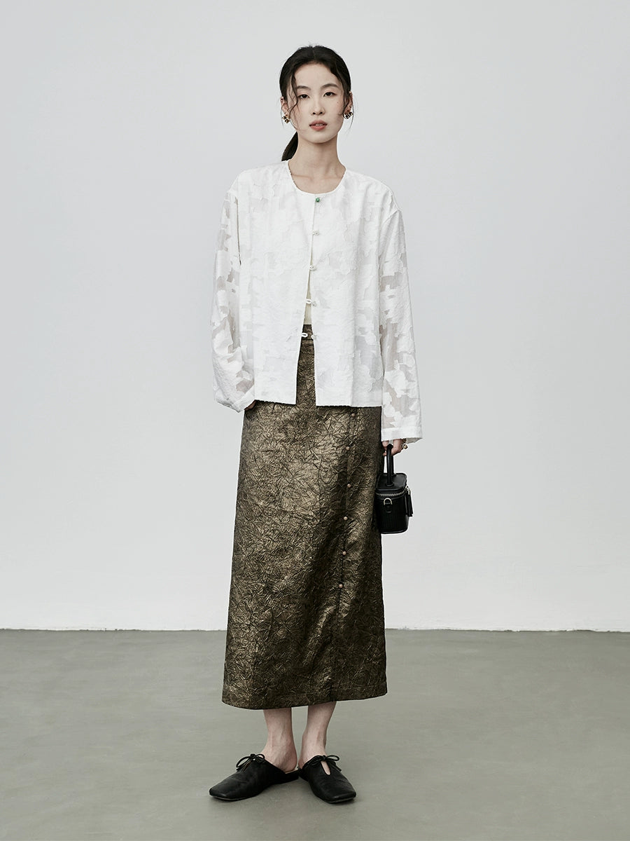 [Jacquard en relieve] Nueva camisa china de protección solar CAREMIND Chaqueta ligera de cuello redondo blanca Xiaoxiangfeng Top Otoño 