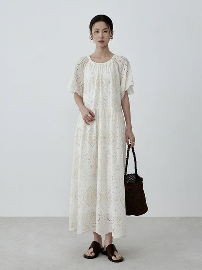 CAREMIND Heavy Industry - Vestido beige con bordados y huecos para mujer, elegante vestido largo francés de verano con cinturón 