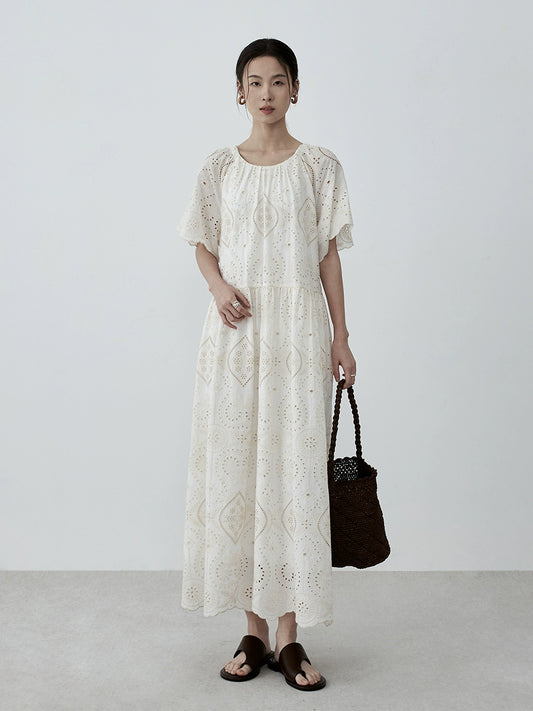 CAREMIND Heavy Industry - Vestido beige con bordados y huecos para mujer, elegante vestido largo francés de verano con cinturón 