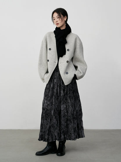 CAREMIND Falda de terciopelo con textura plisada de cintura alta con ondulación de agua y salpicaduras de tinta estilo nacional gris de otoño 