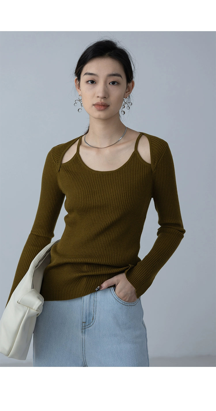 [Oferta por tiempo limitado] Suéter de punto con hombros descubiertos y curvado de primavera acogedor para mujer Premium Sense Saddle Spring Brown Upper 