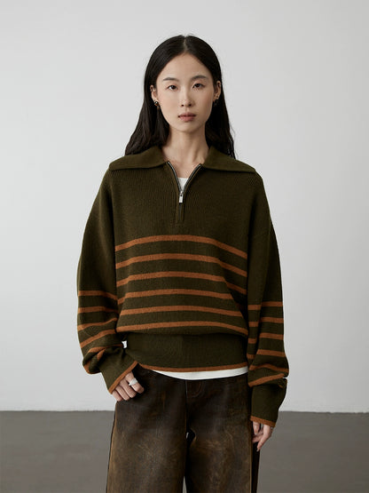 [Amigos] Suéter de solapa con rayas en contraste color caramelo de CAREMIND Suéter de punto holgado y holgado para primavera y otoño 