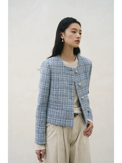 [Oferta especial por tiempo limitado] Chaqueta Xiaoxiangfeng azul de diseño original, otoño e invierno, top corto de tweed para desplazamientos 