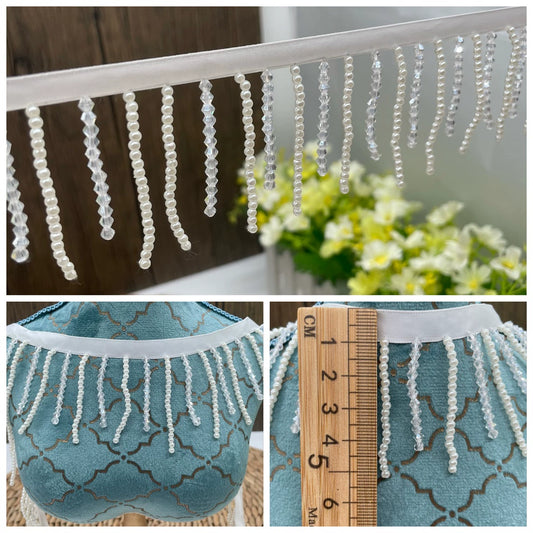 3687 Venta directa de fábrica de ropa de baile con borlas de cuentas hechas a mano de perla blanca de cristal de alta calidad, ropa de boda, bolsos, accesorios, encaje de cuentas