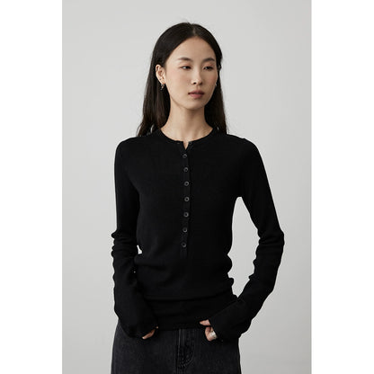 Suéter de punto con cuello Henry de sentido literario y retro de CAREMIND, suéter de lana elástico alto y delgado para mujer con camiseta de manga larga en el interior 