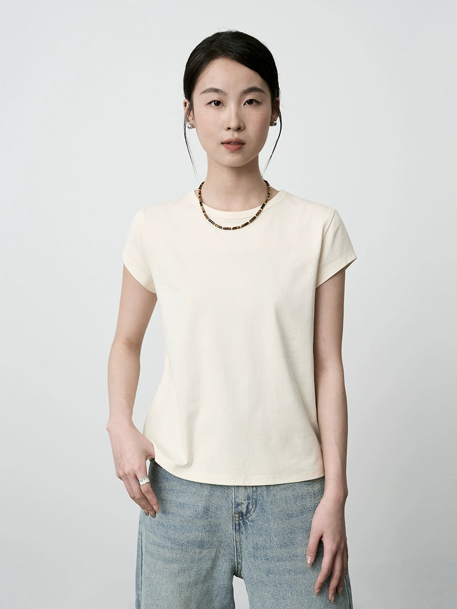 CAREMIND Camiseta de manga corta con cuello redondo, color sólido, fina y con hombros descubiertos, versión coreana, top informal holgado en el interior 