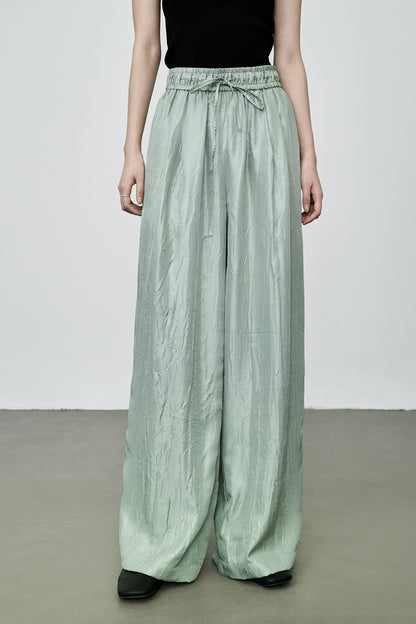 Pantalones anchos con textura y cintura alta con elástico prensado de CAREMIND Pantalones rectos holgados y ajustados 