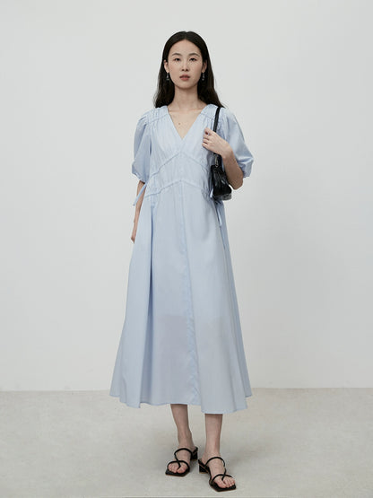 CAREMIND Vestido azul claro ajustado con escote en V francés, elegante falda con pliegues en la cintura y palabra de honor para niños 