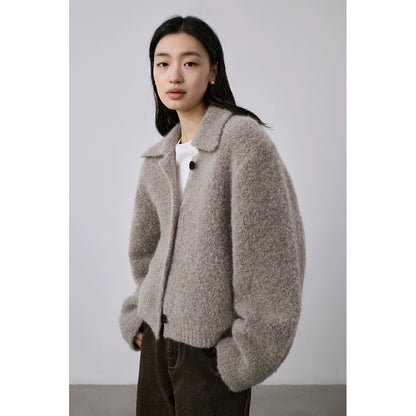 [Spécial à durée limitée] Veste pull en mohair doux et ciré, revers chaud, simple boutonnage, haut cardigan court couleur abricot riz