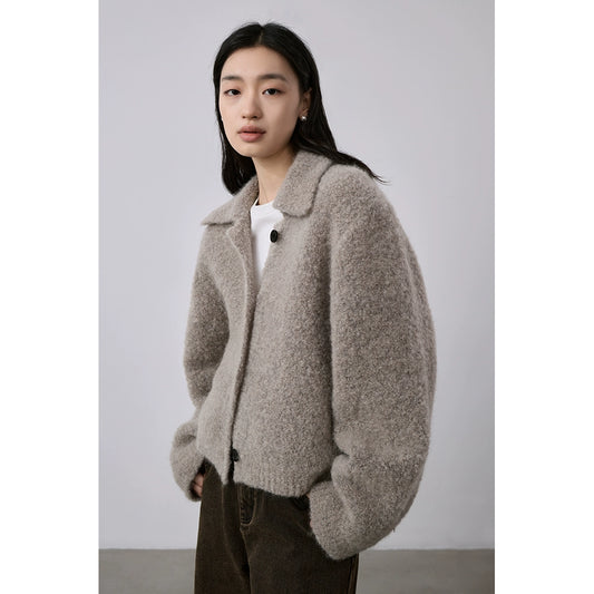 [Oferta especial por tiempo limitado] Chaqueta tipo suéter de mohair suave y encerado, cálida, con solapa, botonadura sencilla, color arroz y albaricoque 