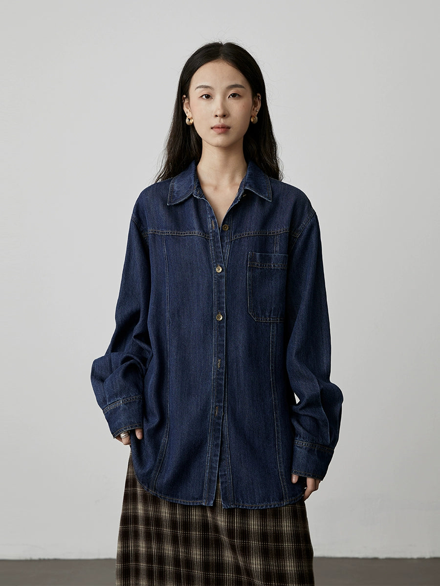 [Tencel Denim] CAREMIND Classic Hong Kong Style Retro Dark Blue Denim Shirt Loose Cardigan Jacket Women
