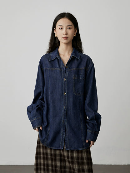 [Tencel Denim] CAREMIND Classic Hong Kong Style Retro Dark Blue Denim Shirt Loose Cardigan Jacket Women