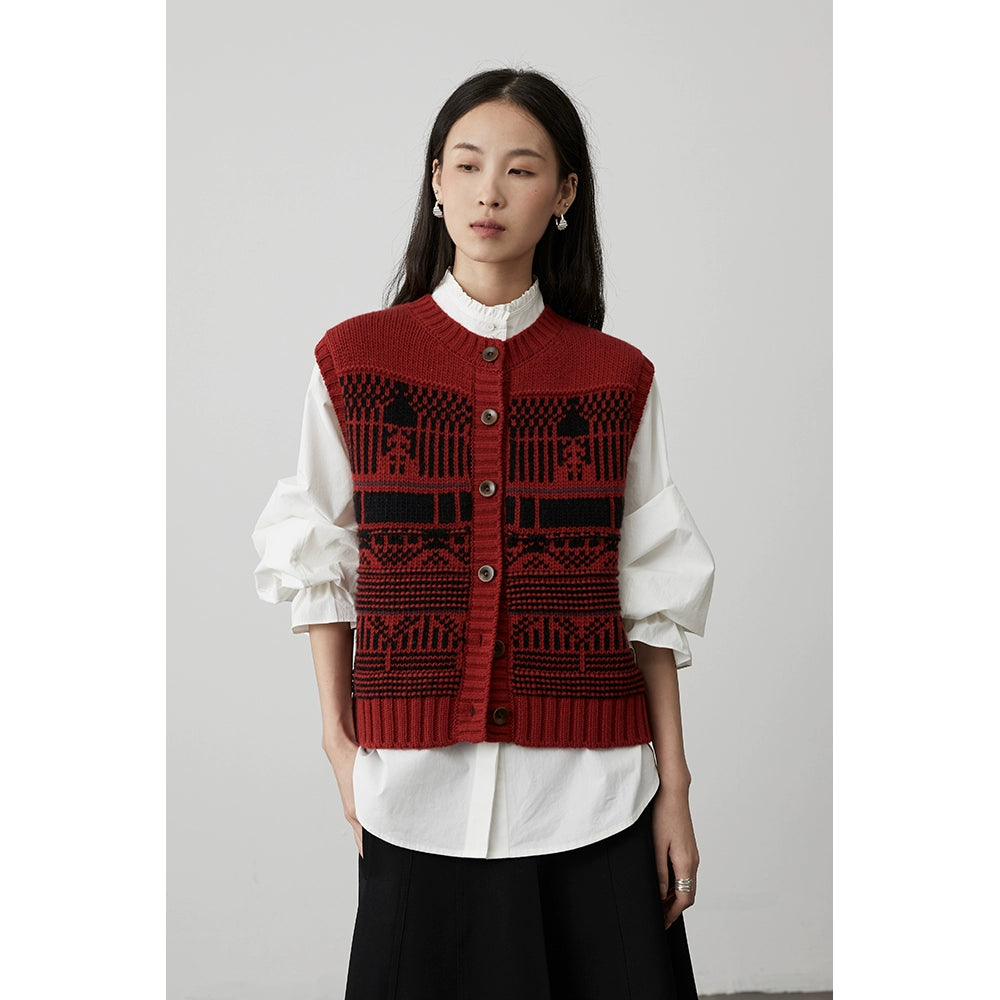 [Utopia] CAREMIND retro simple crochet vest vest button contrasting color sleeveless vest sweater autumn