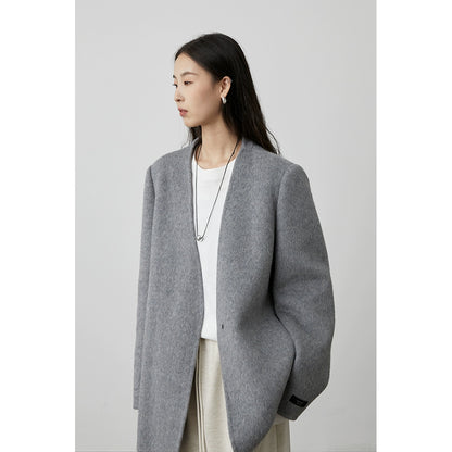 [Traje de lana sin cuello] Chaqueta francesa de pura lana CAREMIND, abrigo corto holgado de lana 