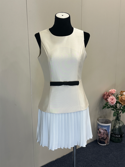 8029★  French suit skirt women's splicing pleated skirt slim high-end commuter sleeveless dress short skirt