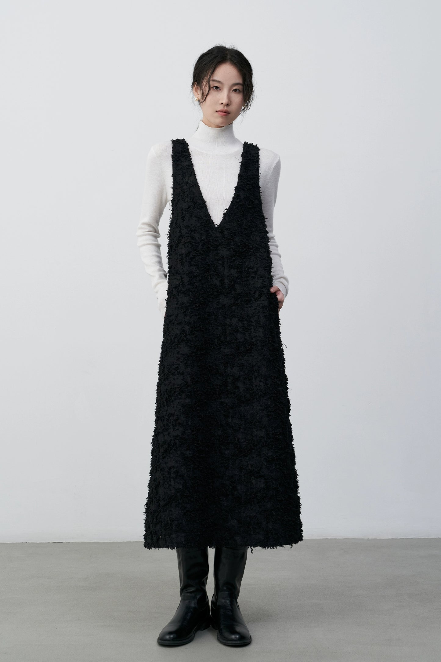 Chaleco con escote en V negro CAREMIND, falda larga, falda apilada, diseño con flecos, chaleco versátil, vestido para mujer 