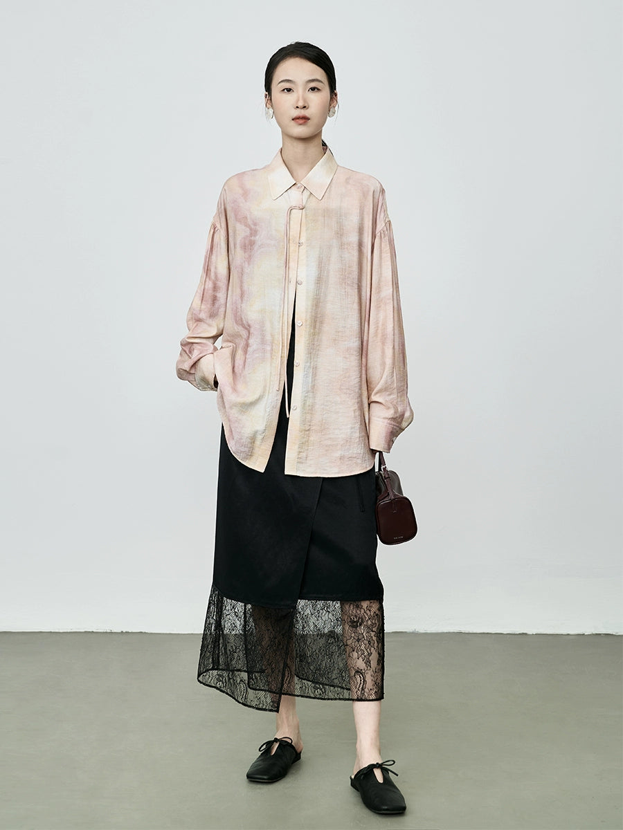 CAREMIND Nouvelle chemise à boutons fumés pêche chinoise Design d'été Tache d'encre Chemise à manches longues fine et climatisée