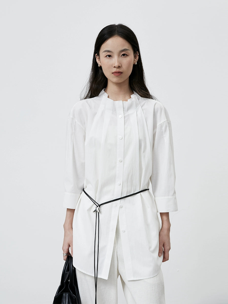 [Camisa de órgano] Camisa holgada elegante blanca CAREMIND, camisa de manga cinco cuartos de largo y ancho medio con cinturón 