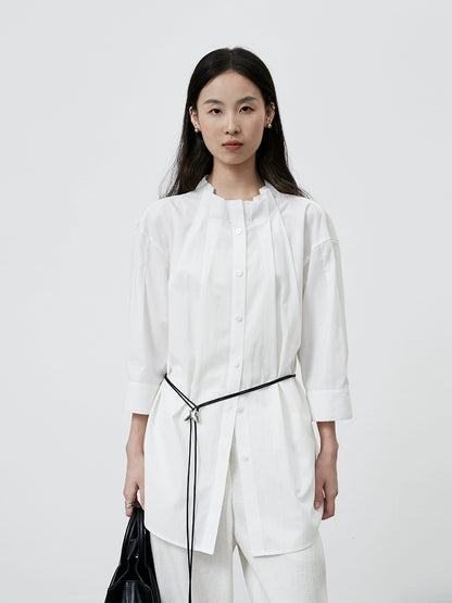 [Camisa de órgano] Camisa holgada elegante blanca CAREMIND, camisa de manga cinco cuartos de largo y ancho medio con cinturón 