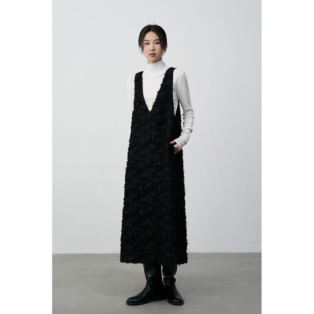 Chaleco con escote en V negro CAREMIND, falda larga, falda apilada, diseño con flecos, chaleco versátil, vestido para mujer 