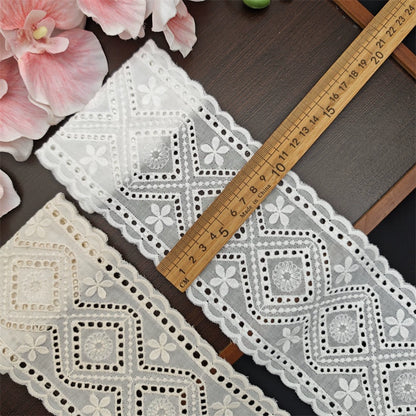 Tela vintage de algodón blanco albaricoque, con borde engrosado, bordado bilateral, 10,5 cm de ancho, hecha a mano, 3786