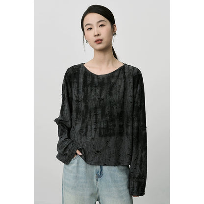 T-shirt à manches longues CAREMIND à motif de vieux trous, noir, tie-dye, haut polyvalent et paresseux pour le début du printemps