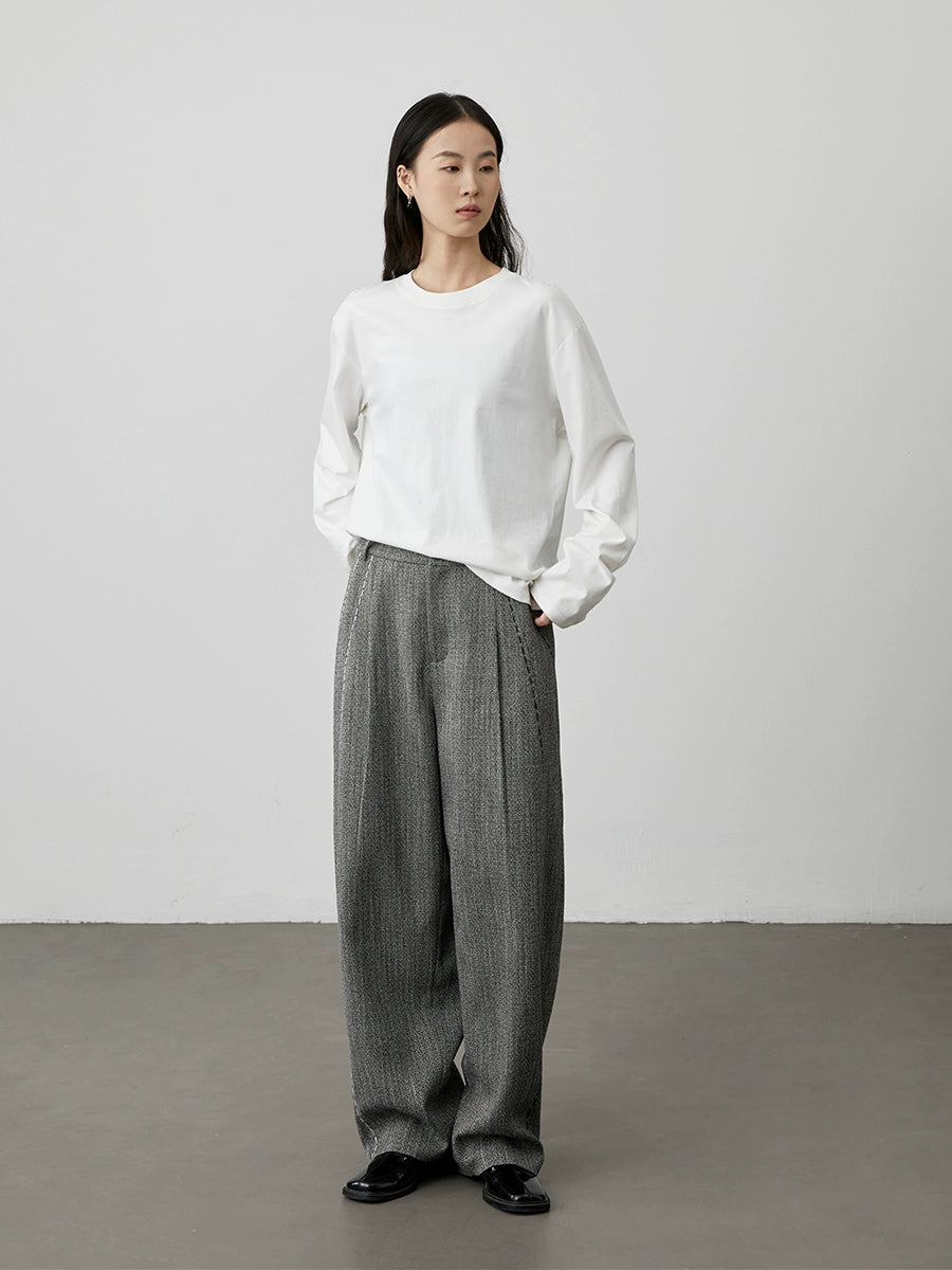 [Pantalones Charles] Pantalones de sarga de espiga gris de cintura alta CAREMIND, pantalones casuales rectos para mujer, primavera y otoño 