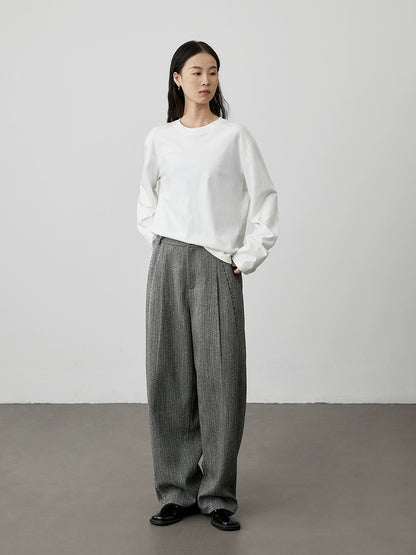 [Pantalones Charles] Pantalones de sarga de espiga gris de cintura alta CAREMIND, pantalones casuales rectos para mujer, primavera y otoño 