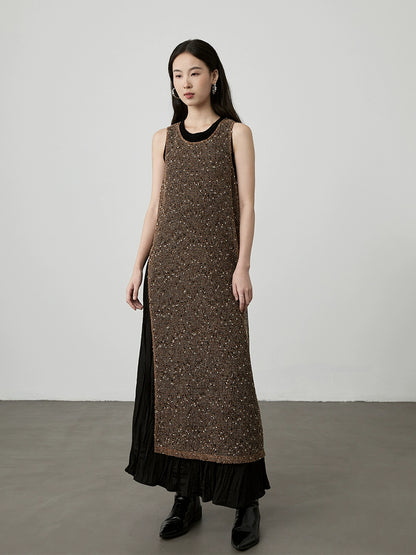[Stack good things] CAREMIND caramel hollow stacked vest blouse split sleeveless dress