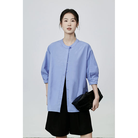 [Slow Daily] CAREMIND Premium New Chinese Neckline Button Shirt Temperament Pull Full Blue Versatile Shirt