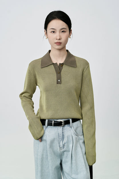 Suéter de punto tipo polo pequeño francés de alta costura CAREMIND con solapa en el hombro delantero en contraste 