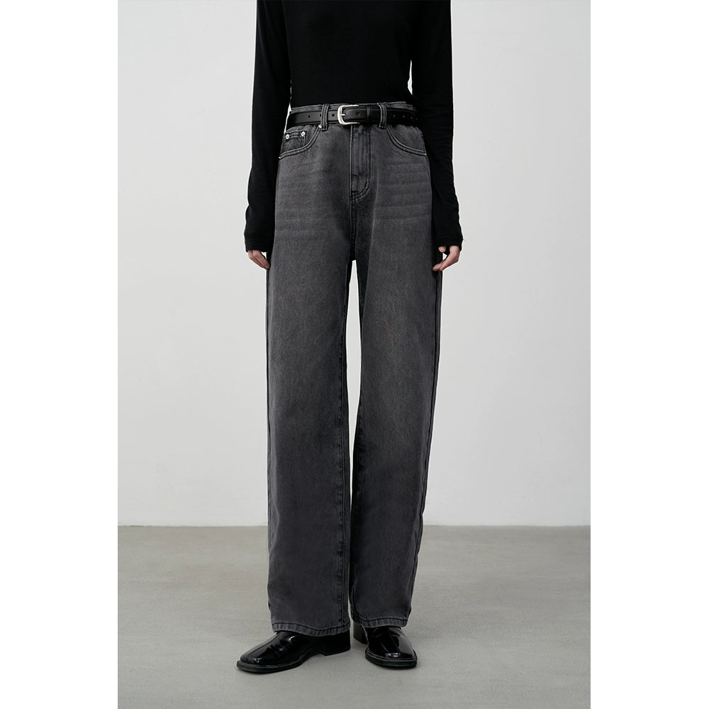 [Oferta especial por tiempo limitado] Pantalones vaqueros de cintura alta, que cubren la carne y delgados y rectos, pantalones de versión estrecha en negro carbono elegantes con cuerpo en forma de pera 
