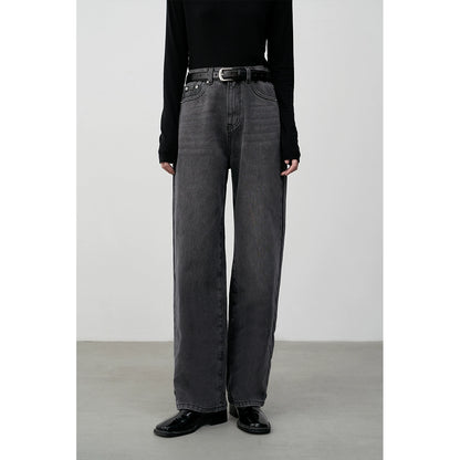 [Oferta especial por tiempo limitado] Pantalones vaqueros de cintura alta, que cubren la carne y delgados y rectos, pantalones de versión estrecha en negro carbono elegantes con cuerpo en forma de pera 