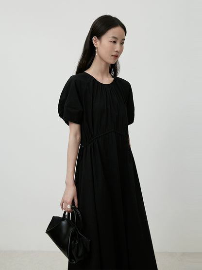 CAREMIND Elegante vestido negro pequeño estilo Hepburn para niños, cuello redondo, plisado, ajustado, manga corta 