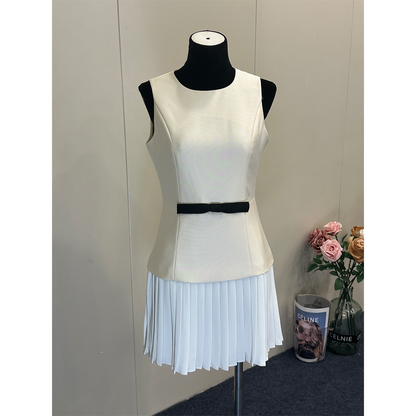 8029★  French suit skirt women's splicing pleated skirt slim high-end commuter sleeveless dress short skirt