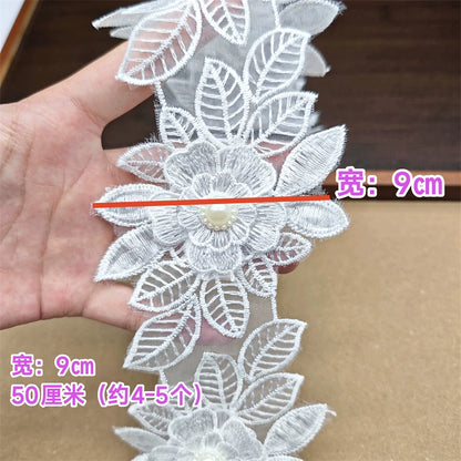 3557★ Flores de encaje de cuentas tridimensionales bordadas de poliéster de organza de alta calidad, accesorios decorativos para velo de boda hechos a mano