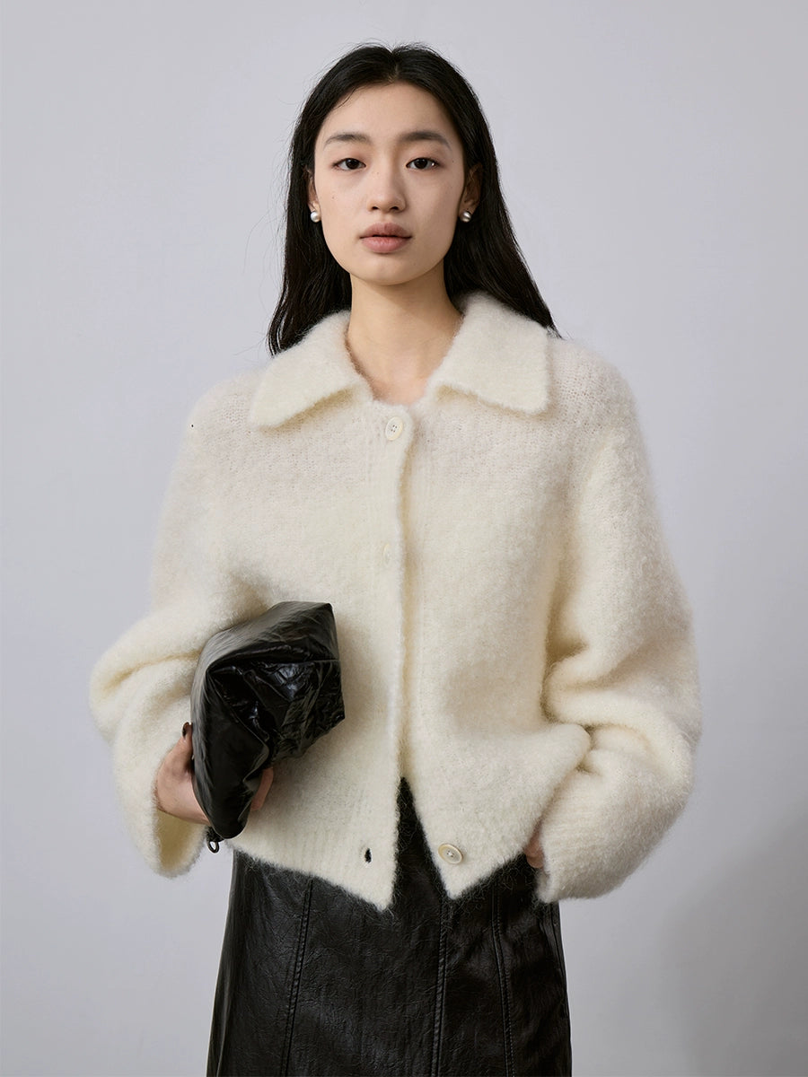 [Spécial à durée limitée] Veste pull en mohair doux et ciré, revers chaud, simple boutonnage, haut cardigan court couleur abricot riz