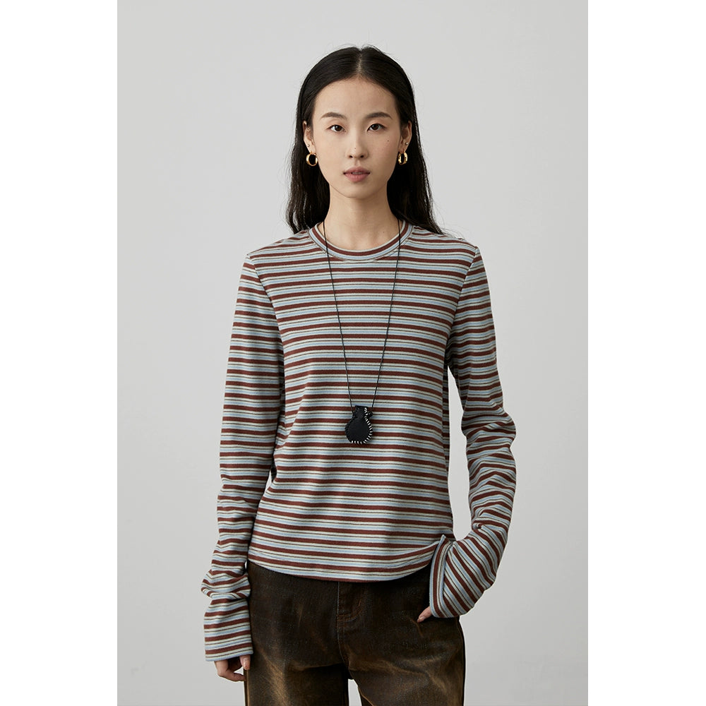 [Thin and Qiao Muffins] CAREMIND Striped Crew Neck Long Sleeve T-Shirt Slim and Skinny Inner Bottom Top Spring and Autumn