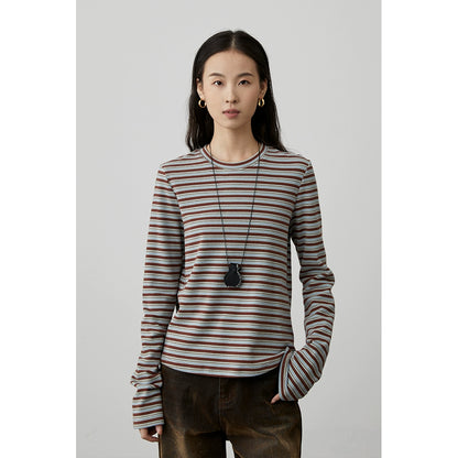 [Thin and Qiao Muffins] CAREMIND Striped Crew Neck Long Sleeve T-Shirt Slim and Skinny Inner Bottom Top Spring and Autumn