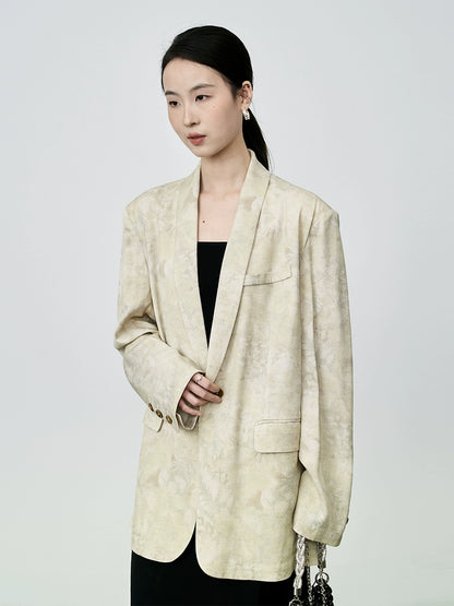 CAREMIND Nuevo blazer chino de tencel con cuello de manzana, traje pequeño holgado con estampado beige para mujer 