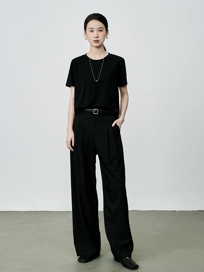 Camiseta básica clásica de cuello redondo de color liso de manga corta con hombros descubiertos para mujer de CAREMIND 