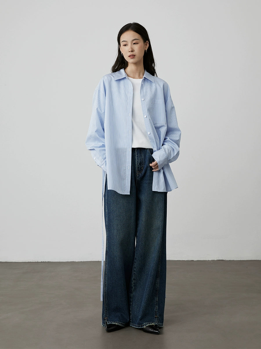 Pantalones vaqueros rectos azules lavados de principios de otoño de CAREMIND, pantalones casuales de pierna ancha, altos y delgados y versátiles 